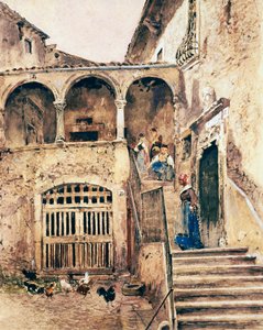 長屋の中庭、アントニオ・マンチーニ作（1852-1930） 作： Antonio Mancini