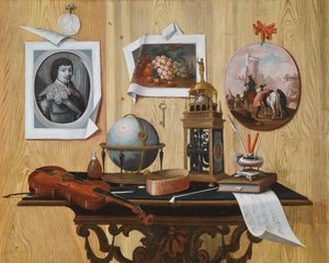 版画と絵画2枚、鍵盤、バイオリン、地球儀、時計、楽譜、テーブル上のその他のオブジェクトのトロンペ 作： Antonio Mara