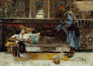 スルタンの贈り物 - アントニオ・マリア・ファブレ・イ・コスタ (1854-1936) による絵画、木に油彩 (29x41.5 cm) 作： Antonio Maria Fabres y Costa