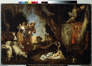 キュロス王の子供時代（キュロス王の幼年期）。 Cyrus II または Cyrus the Great (紀元前 559 年頃 - 紀元前 529 年)、ペルシャ帝国の創設者。 赤ちゃんは犬に預けられ、授乳されます。 Antonio Maria Vassallo (1620-1664/1673 年頃) による絵画。 ひ 作： Antonio Maria Vassallo