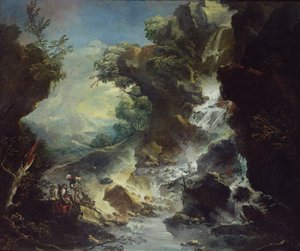 滝のある風景、c.1700-07（キャンバスに油彩）