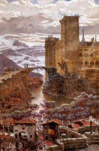 ロマンチックな城の眺め。アントニ・ムノス・イ・デグライン（1841-1924）の絵画。20世紀の初め。バレンシア。サン・ピオ5世美術館。 作： Antonio Munoz Degrain