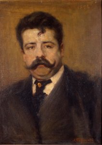 ルッジェーロ・レオンカヴァッロの肖像。イタリアの作曲家（1858年～1919年） アントニオ・パシネッティ（1863年～1940年）による絵画。ミラノのスカラ座美術館。