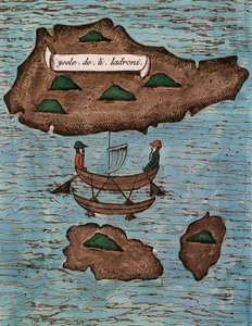 Islas de los Ladrones (今日のマリアナ諸島)、「フェルディナンド マゼランとの最初の世界一周航海の報告」からの色付きの木版画 作： Antonio Pigafetta