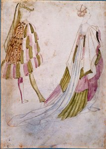 宮廷服を着た男と女 水彩、フェザー、ウォッシュ Antonio di Puccio Pisano dit Pisanello （1395年以前～1455年） 1450年 Sun.0,27x0,19 m シャンティ、コンデ美術館 作： Antonio Pisanello