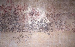 戦いのトーナメント、ピサネロの広場（旧プリンチピの広場）の壁画の断片（シノピア） 作： Antonio Pisanello