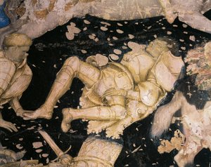 アントニオ・ピサネッロ（1395-1455）のフレスコ画「ルーヴェゼルプの戦い」の詳細。マントヴァのドゥカーレ宮殿。 作： Antonio Pisanello