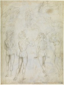 女性の裸婦の4つの習作、受胎告知、泳ぐ女性の2つの習作 1425年頃 羊皮紙にメタルポイント、茶色のペン・鉛筆