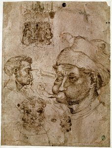 4人の男性の頭、そのうち2人は3つの顔を持つ。祭壇画。馬の絵。Antonio di Puccio Pisano dit Pisanello (1395-1455)の工房で描かれたもの。ブラウンインク、ペン（ドローイング）、血。寸法：27.1x20.5cm。ルーヴル美術館、メダイユの棚。