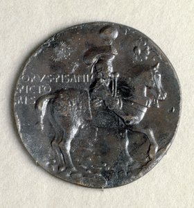 マントゥア侯爵、ルドヴィコ3世・ゴンザーガ（1414-1478）のメダル。Recto: 武装した馬上の侯爵、ブロンズ、ブラックパティナ 作： Antonio Pisanello