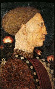アントニオ・ピサーノ（ピサネロ）（1395年以前～1455年頃）による「リオネロ・デステの肖像」（1441年頃）、木にテンペラ、28x19cm 作： Antonio Pisanello