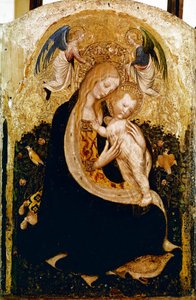 ピサネッロ（アントニオ・ピサーノ）（1380年頃～1455年頃）の「ウズラを持つ聖母」木版画。1420年頃 薄さ50x33cm Verone, Museo di Castevecchio - Antonio Pisano a.k.a Pisanello (1380-1455)作 「ウズラを抱く聖母」 木にテンペラ 50x33cm 作： Antonio Pisanello