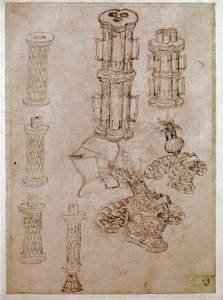紋章を載せた3つの兜と、2つの銃の破片が分解されている。Antonio di Puccio Pisano dit Pisanello (1395-1455)によるドローイング 茶色のインク、黒い石、羽毛。寸法：28,7x20,6cm。ルーヴル美術館、デッサン室 作： Antonio Pisanello