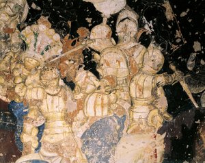 アントニオ・ピサーノ（ピサネロ）（1395年以前～1455年頃）のフレスコ画「ルーヴゼルプの戦い」。詳細マントゥア、パラッツォ・ドゥカーレ。 作： Antonio Pisanello