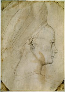 若い女性の頭部、右横向き。Antonio di Puccio Pisano dit Pisanello (1395-1455)の工房で描かれたもの。茶色のインク、黒い石、羽。寸法：24,6x17,2cm。ルーヴル美術館、キャビネ・デッサン 作： Antonio Pisanello