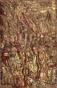 聖人の生涯を描いたタペストリー「大勢の人に説教する洗礼者ヨハネ」（織物） 作： Antonio Pollaiuolo