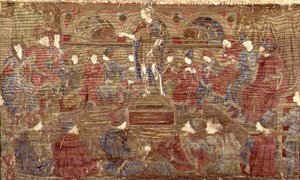 ヘロデを叱責する洗礼者ヨハネ、聖人の生涯の一場面を描いたタペストリー（織物）