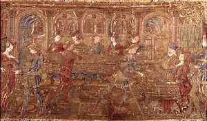 聖人の生涯の一場面を描いたタペストリー「ヘロデの有罪判決」（織物） 作： Antonio Pollaiuolo