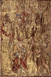 聖人の生涯を描いたタペストリー「洗礼者ヨハネと大祭司の出会い」（織物）