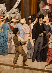 エポック、店の窓と少年を見ている女性のディテール 作： Antonio Puccinelli