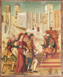 ヘロデの前のキリスト、情熱の復刻版の左パネル、1517-20（パネル上のテンペラ） 作： Antonio Ronzen