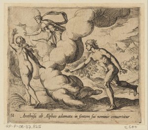 Arethusa wordt achtervolgd ドア Alpheus アルフェウスと恋に落ちたアレトゥーサは、彼女の名前の由来になっています（オブジェクトのタイトル） Metamorphoseon または変換 (シリーズ タイトル) Metamorfosen van Ovidius (シリーズタイトル) 作： Antonio Tempesta