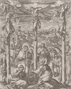 キリストは、1612 年に十字架のふもとにいる 2 人の泥棒、3 人のマリアの間で十字架につけられました。 作： Antonio Tempesta