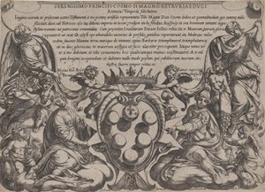 旧約聖書の戦い」の扉には、1660年に出版された「王冠をかぶったメディチ家の腕」が描かれています。 作： Antonio Tempesta