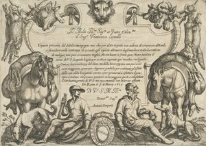 「狩猟の情景 VI」のハンター、犬、馬の口絵、1609 年。