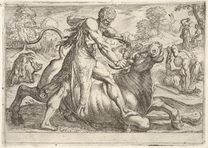 Hercules and Achelous：中央でヘラクレスは雄牛の角を掴みながら、彼の頭蓋骨を押します...、1608。