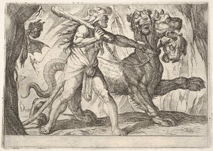 ヘラクレスとケルベロス：ヘラクレスはケルベロスの首輪をつかみ、2つの悪魔が左に現れます...、1608。
