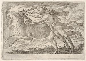 ヘラクレスとセリネア山の後ろ：ヘラクレスは後ろを横切り、...、1608をつかみます。 作： Antonio Tempesta