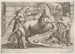 ヘラクレスとディオメデスの雌馬：ヘラクレスは飼育馬の手綱、一秒...、1608年をつかみます。