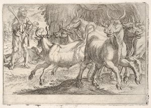 ヘラクレスとジェリオネスの牛：右手でクラブを育て、ヘラクレスが直面する...、1608年。 作： Antonio Tempesta