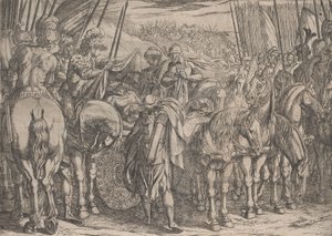 プレート 10: ダリウスの死体を発見するアレクサンダー、『アレキサンダー大王の功績』、1608 年。 作： Antonio Tempesta