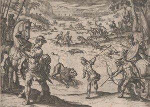 プレート 11: 「アレキサンダー大王の功績」より、アレキサンダーのライオン狩り、1608 年。