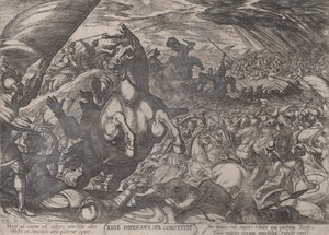 プレート 11: 太陽に静止するよう命じるジョシュア、「The Battles of the Ol...」より。 1590年頃 1610年。 作： Antonio Tempesta