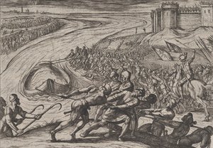 プレート 12: 「穀物を積んだ船を岸に引く」、『対ローマ戦争』、1611 年。 作： Antonio Tempesta