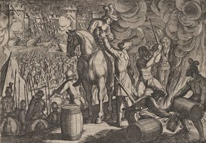 プレート 13: 夜のローマの要塞への攻撃、1611 年に公開された「湾に対するローマ人の戦争」より。 作： Antonio Tempesta