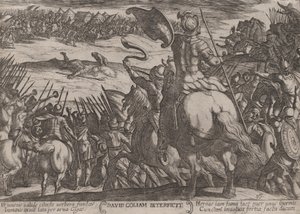 プレート 16: ゴリアテを殺すダビデ、「旧約聖書の戦い」より。 1590年頃 1610年。 作： Antonio Tempesta