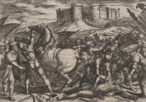 プレート 17: シビリスの馬に惑わされて、彼が死んだか負傷したと信じるローマ人、1611 年. 作： Antonio Tempesta