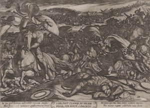 プレート 18: ペリシテ人による敗北後のサウルの自殺、「戦い」より、19 年頃。 1590年頃 1610年。
