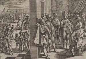 プレート 18: トリアーからの他の指導者とのシビルの秘密の会合、ローマの戦争から...、1611 年。 作： Antonio Tempesta