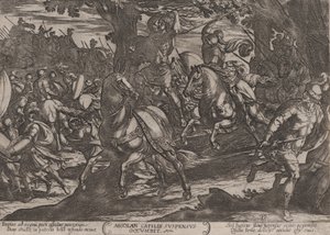 プレート 19: アブサロムを殺すヤコブ、『旧約聖書の戦い』より。 1...、約。 1590年頃 1610年。 作： Antonio Tempesta