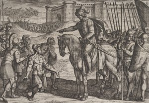 プレート 19: 要塞の男たちが降伏し、命をシビルズに誓う、『戦争…』、1611 年。 作： Antonio Tempesta
