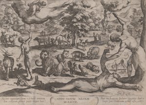 プレート 1: 「旧約聖書の戦い」より、アベルを殺すカイン。 1590年...、約。 1590年頃 1610年。
