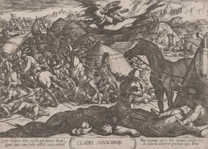 プレート 21: センナケリブの軍隊を打ち負かす主の天使、「The...」より。 1590年頃 1610年。 作： Antonio Tempesta