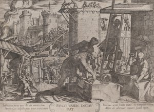 プレート 24: エルサレムの城壁を再建するイスラエル人、「The Battles...」より。 1590年頃 1610年。 作： Antonio Tempesta