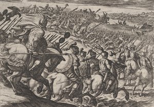 プレート 25: トリアーの近くを攻撃するローマの司令官ケリアリス、「アガイのローマ戦争」より、1611 年。 作： Antonio Tempesta
