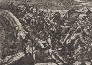 プレート 27: モーゼル川のローマ キャンプへの奇襲攻撃中のオランダ人、「ザ ワ...」、1611 年。 作： Antonio Tempesta